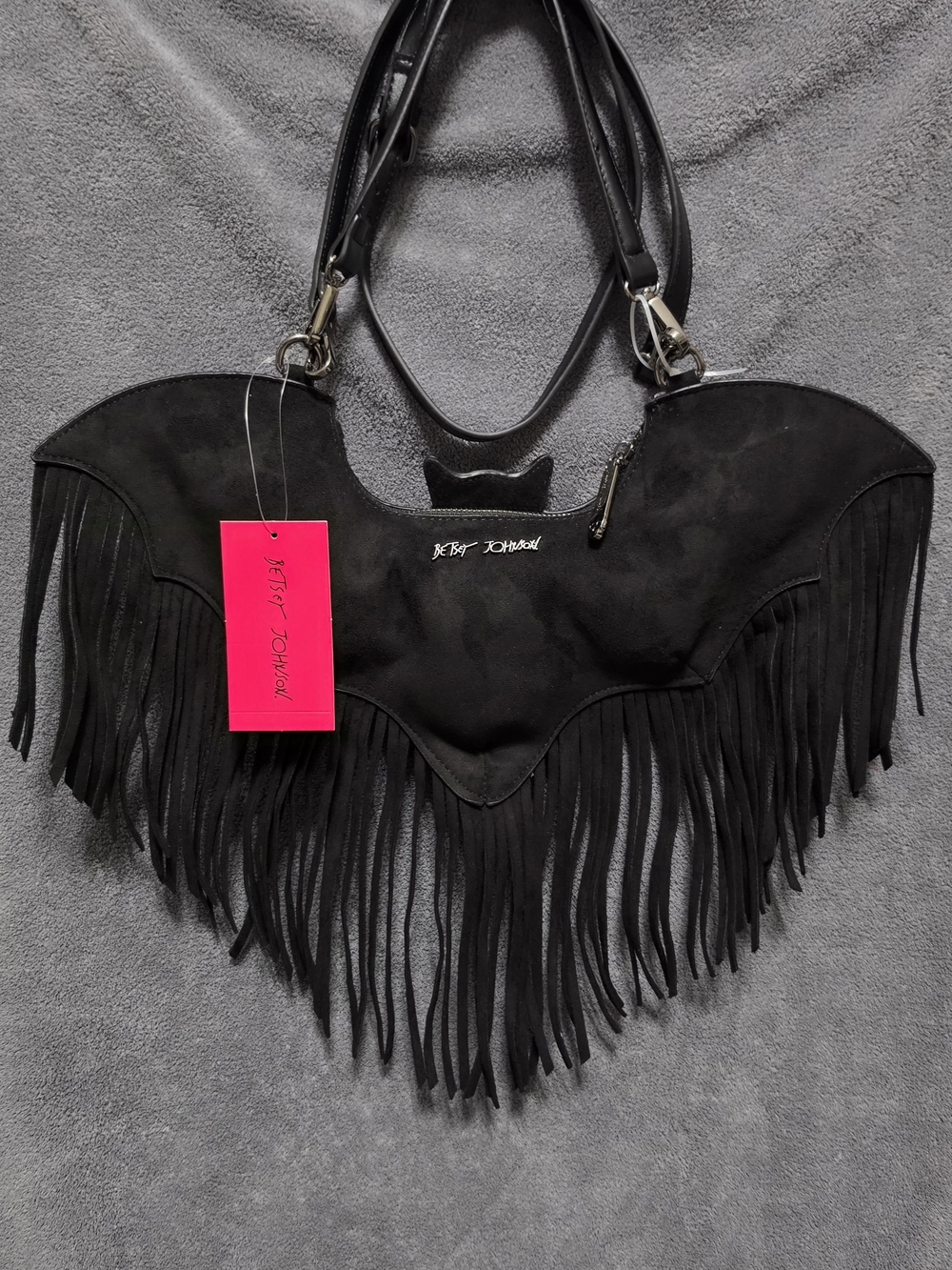 Betsey Johnson Black Suede Bat Fringe Shoulder Bag
